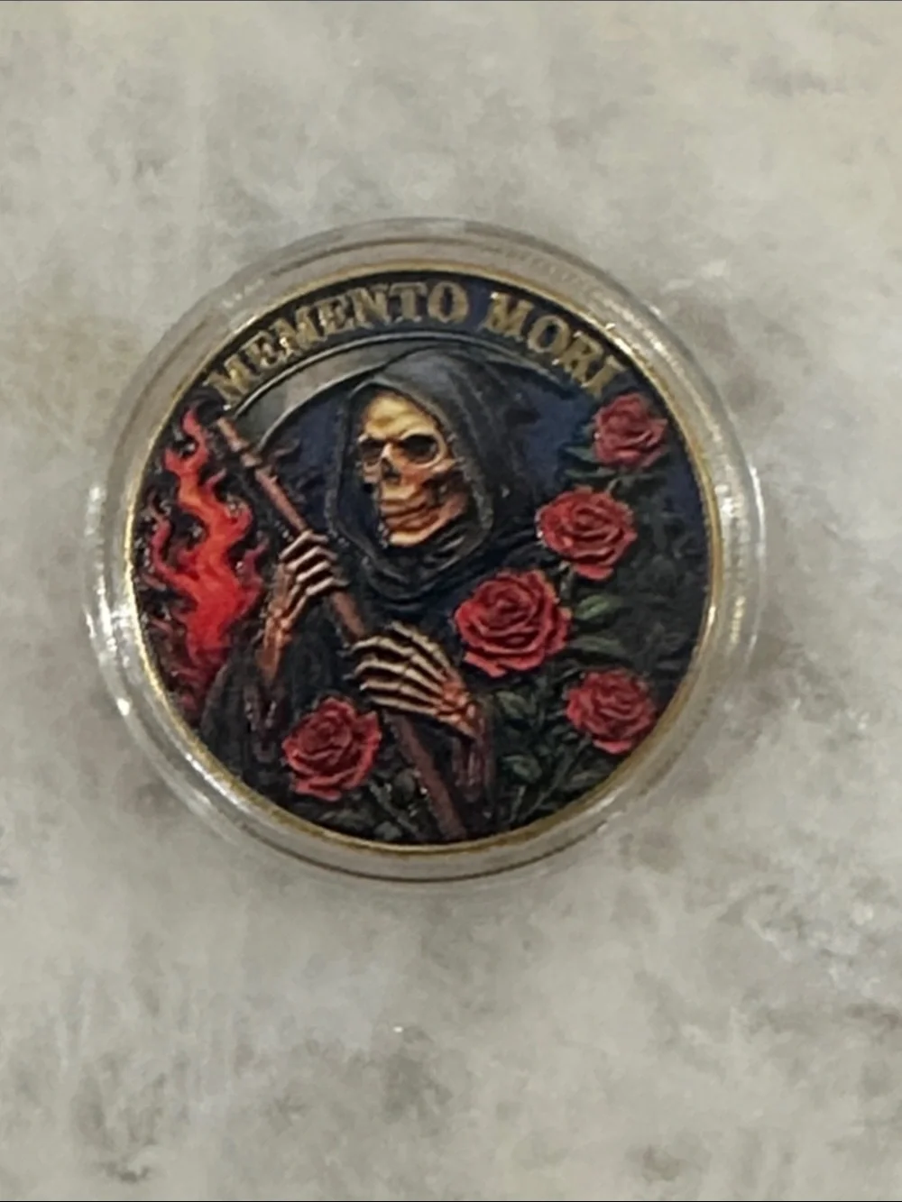 Memento Mori Round Enamel Coin - Red Roses